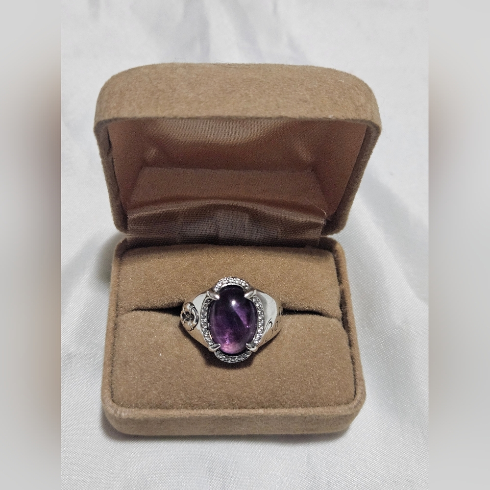 Scott Kay Sterling Silver Elegant Oval Amethyst Cachobon Cz Ring Size 7.5